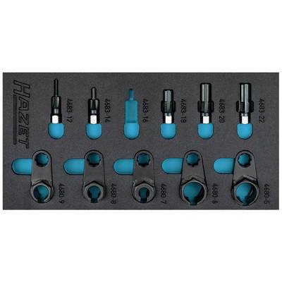 Un ensemble d'outils comprenant huit clés à douze pans différentes et quatre douilles, soigneusement rangées dans un insert en mousse.