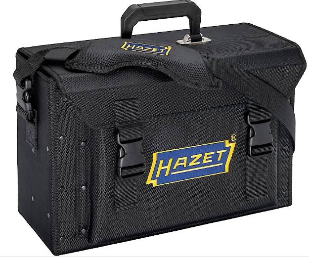 Boîte à outils noire avec poignée de transport et bandoulière, marquée du logo 'Hazet'. Idéale pour le rangement des outils.