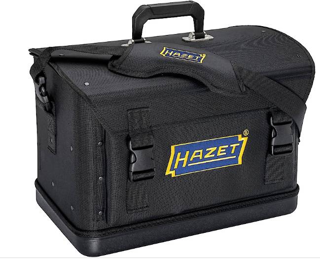 Sacoche à outils Hazet, design noir, avec poignée de transport et bandoulière, logo Hazet jaune et bleu sur la face avant.
