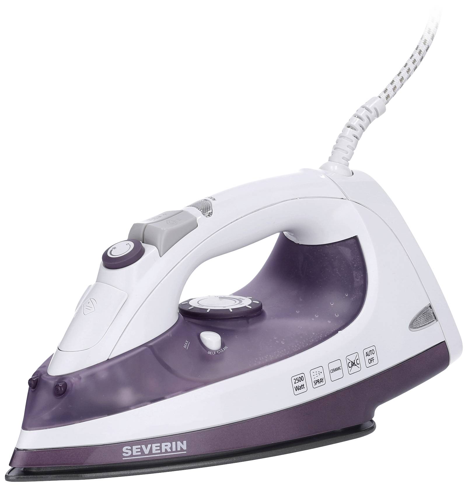 Un fer à repasser électrique à vapeur en blanc et violet, doté de différents boutons de réglage et d'un cordon d'alimentation.