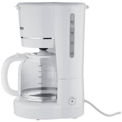 Une machine à café filtre blanche avec carafe en verre et indicateur de niveau d'eau.