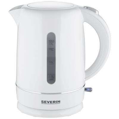 Un bouilloire blanche de la marque Severin d'une capacité de 1,7 litres. L'indicateur de niveau d'eau est bien visible.