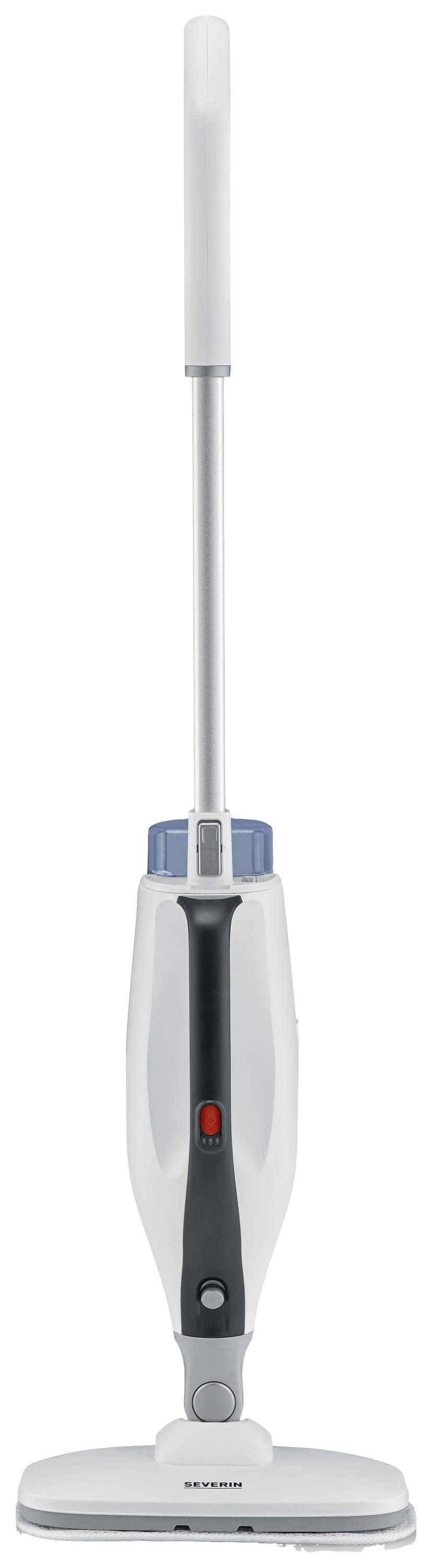 Un nettoyeur vapeur électrique blanc, doté d'un long manche et d'une tête rectangulaire, est debout.