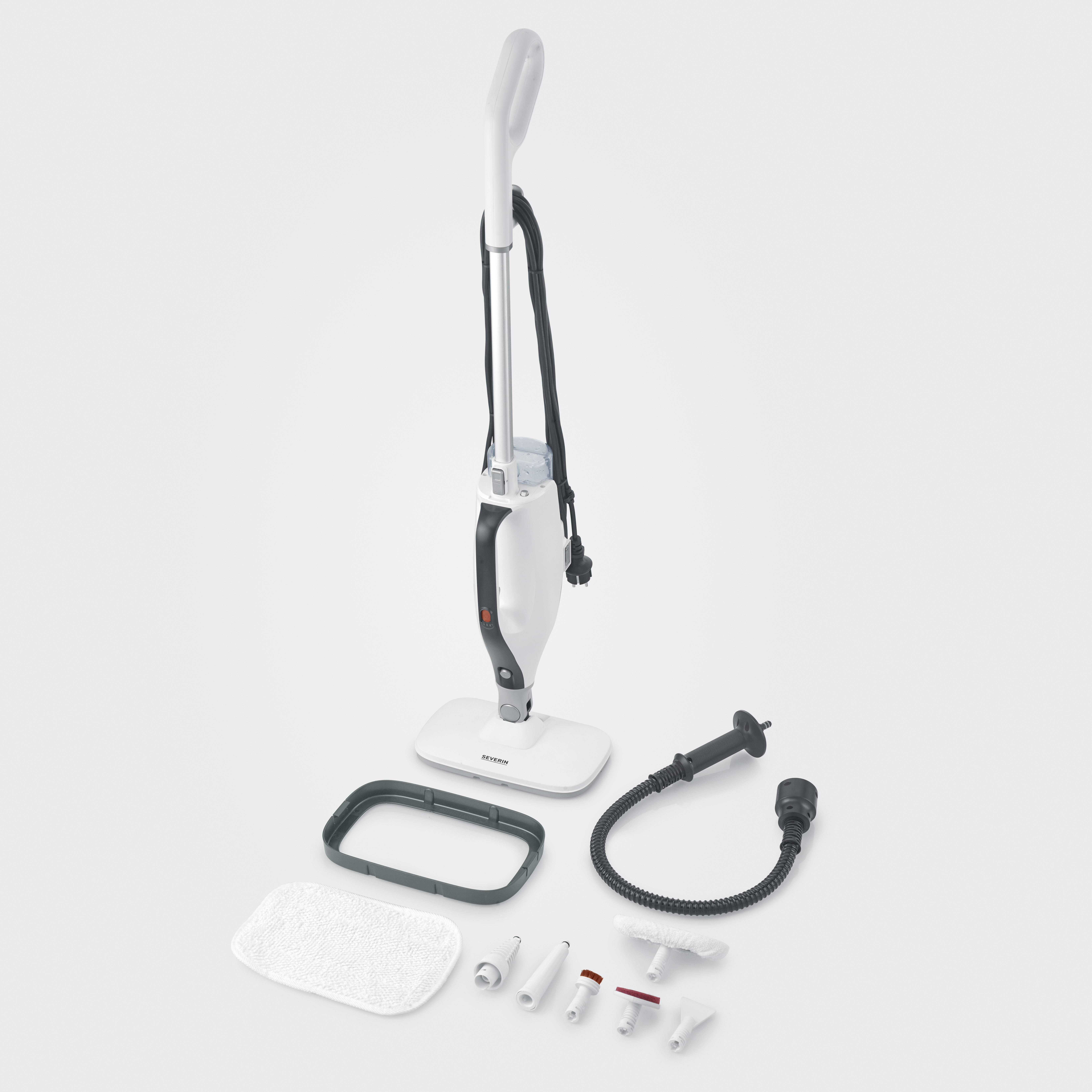 Nettoyeur vapeur avec accessoires : buse pour sol, lingettes de nettoyage, différentes buses et tuyau. Adapté pour un nettoyage en profondeur des sols.