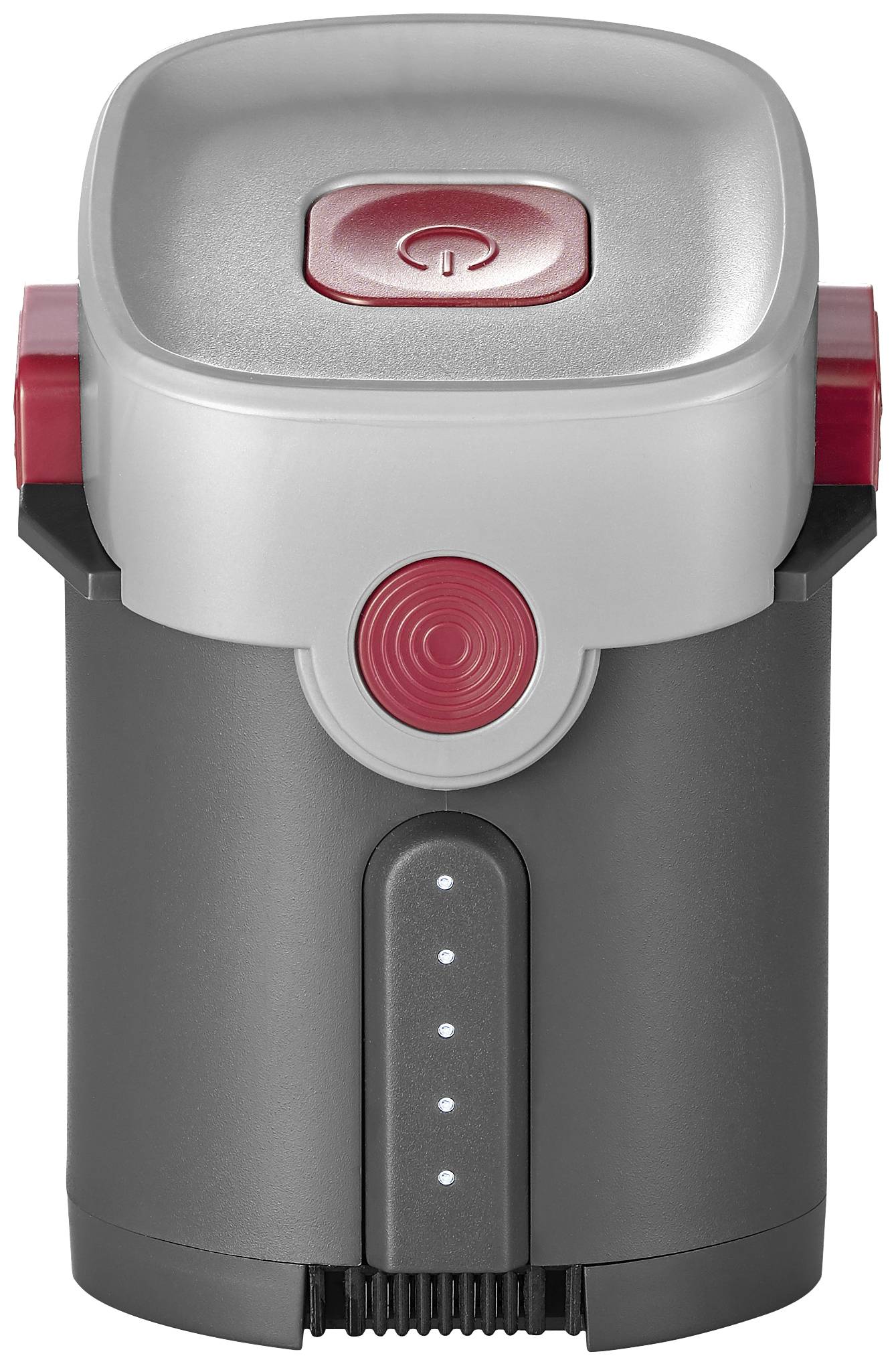 Batterie grise, cylindrique, avec un bouton rouge en haut et un indicateur LED de niveau de charge à l'avant.