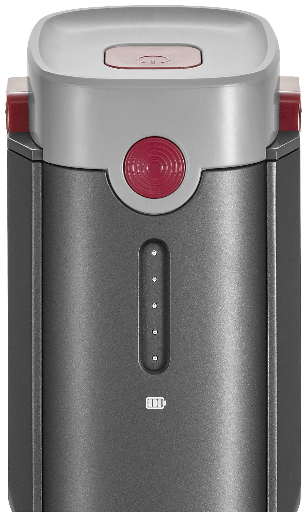 Chargeur de batterie gris, rectangulaire, avec un bouton rouge en haut et quatre petites lumières bleues à l'avant pour indiquer l'état de charge.