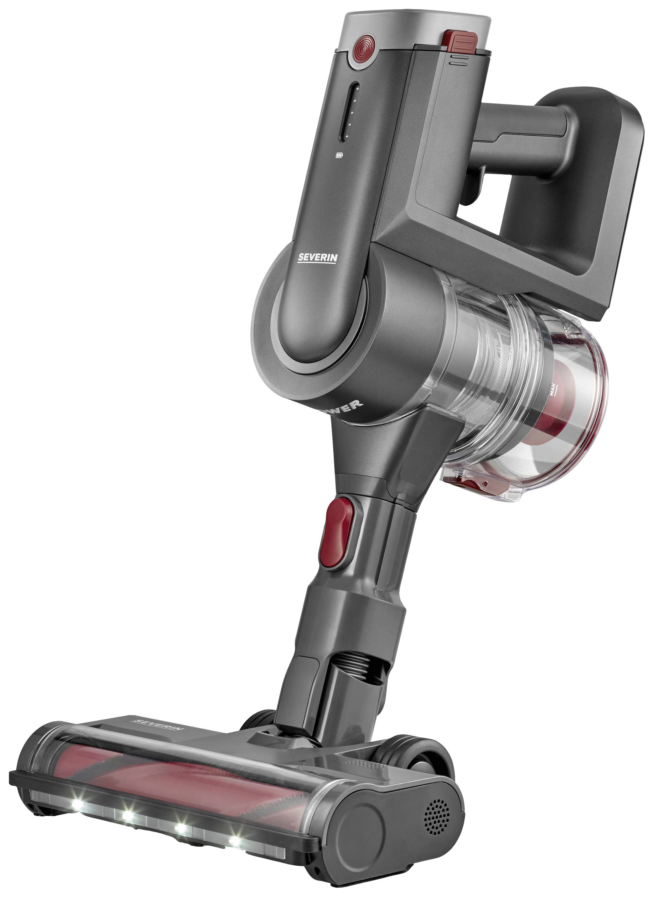 Un aspirateur à main sans fil, gris, avec un accent rouge et des LED sur l'embout.
