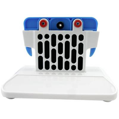 Un appareil en plastique blanc et bleu avec des ouvertures de ventilation noires et des boutons ronds rouges, placé sur une base blanche.