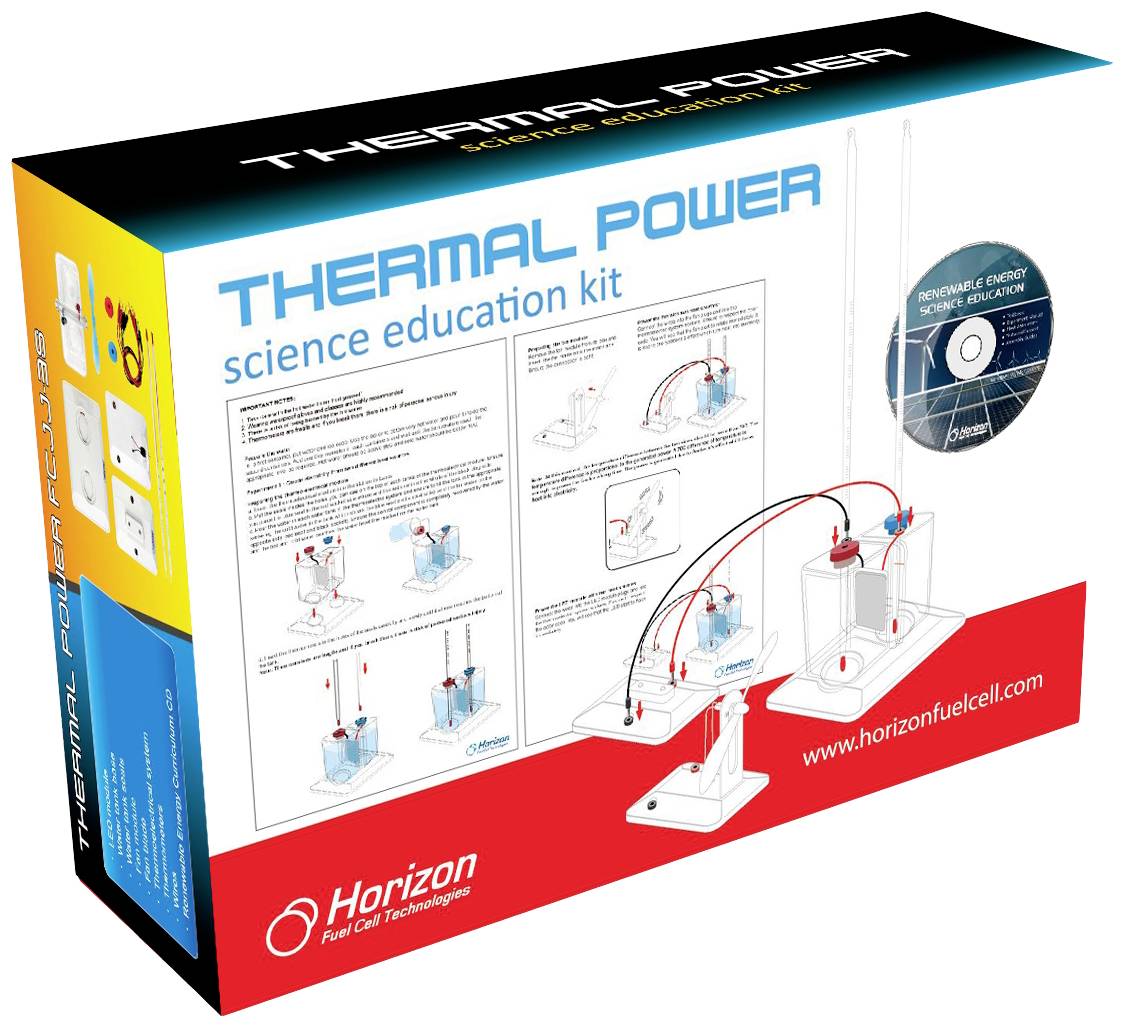 Kit scientifique « Thermal Power » avec CD, illustré de diagrammes sur la conversion d'énergie et des instructions d'expérimentation.