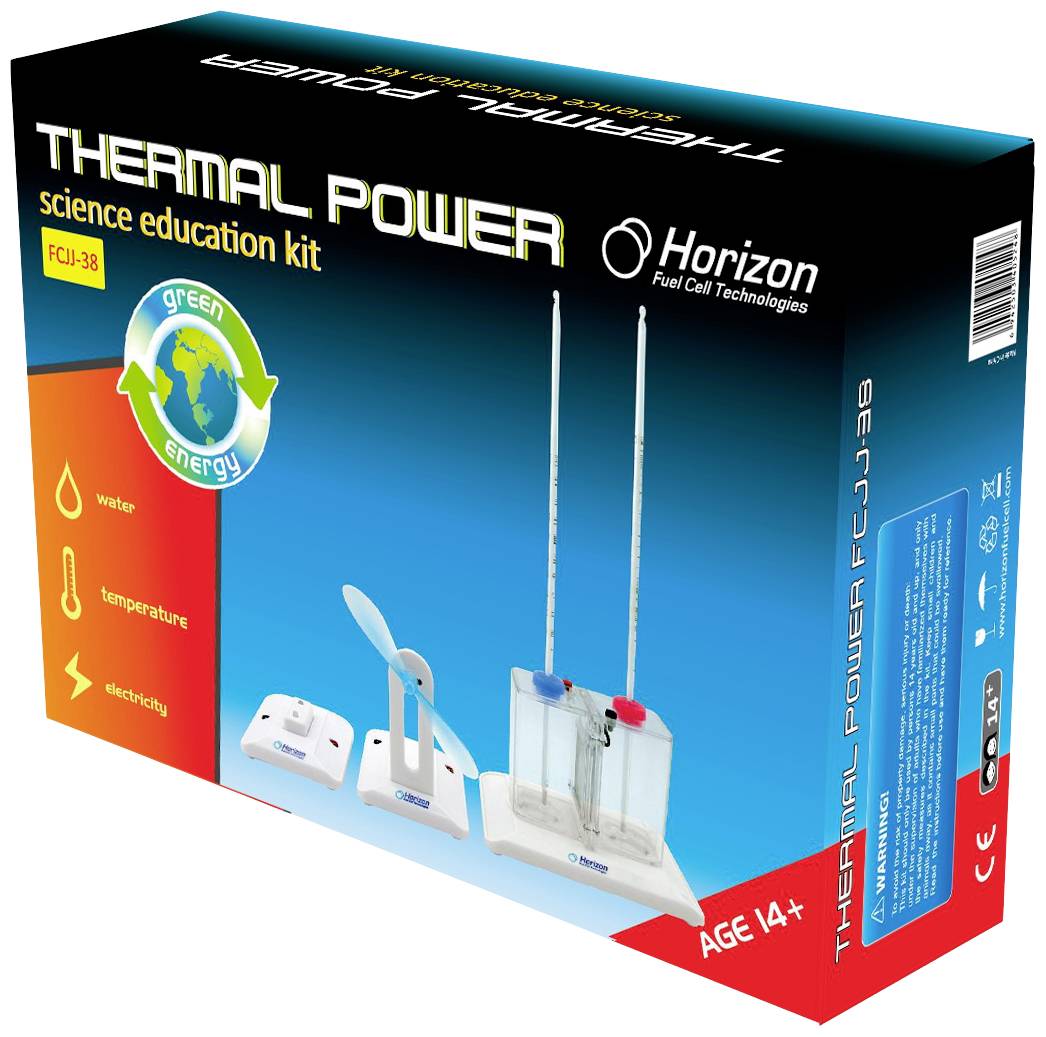 Emballage d'un kit éducatif scientifique 'Thermal Power' de Horizon. Contient des outils pour des expériences sur l'eau, la température et l'électricité. Convient à partir de 14 ans.