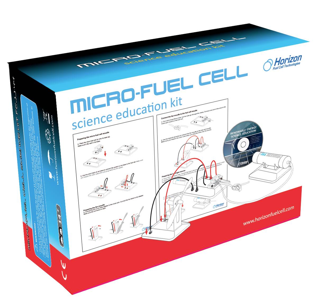 Emballage du 'Kit d'apprentissage des micro-piles à combustible'. Contient des diagrammes de construction et un symbole de manuel CD. Accent mis sur des objectifs éducatifs.