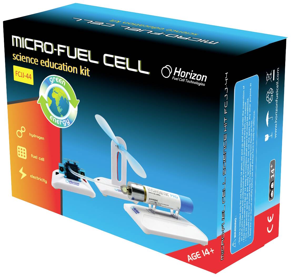 Kit scientifique de micro-pile à combustible, adapté pour les 14 ans et plus. Comprend un petit moteur et une hélice, alimentés par hydrogène.