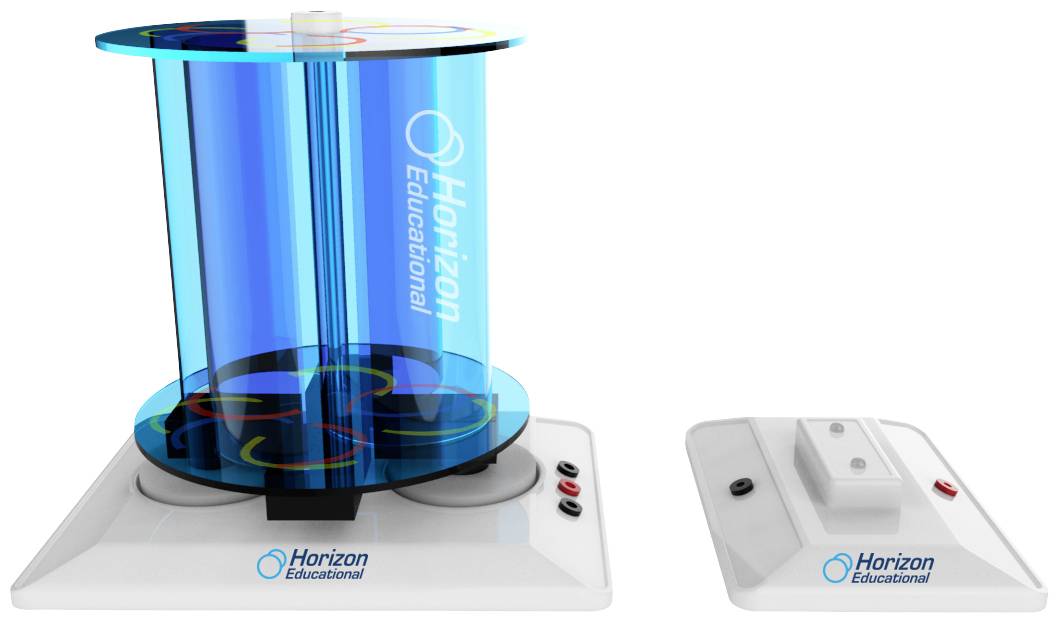 Un mini-générateur éolien en matériau bleu transparent monté sur une base blanche. À côté, un boîtier de commande séparé.