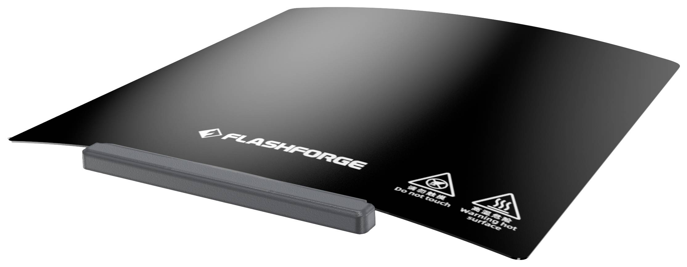 Une plateforme de pression noire amovible avec le logo 'FLASHFORGE' et des symboles de sécurité. Adaptée pour imprimantes 3D.