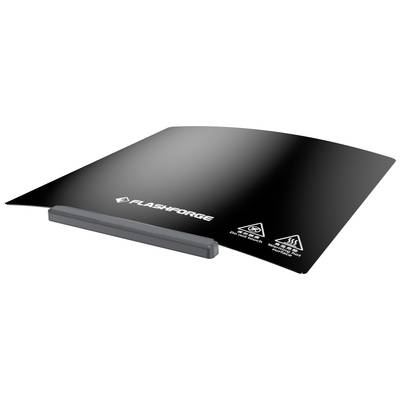 Une plateforme de pression noire amovible avec le logo 'FLASHFORGE' et des symboles de sécurité. Adaptée pour imprimantes 3D.