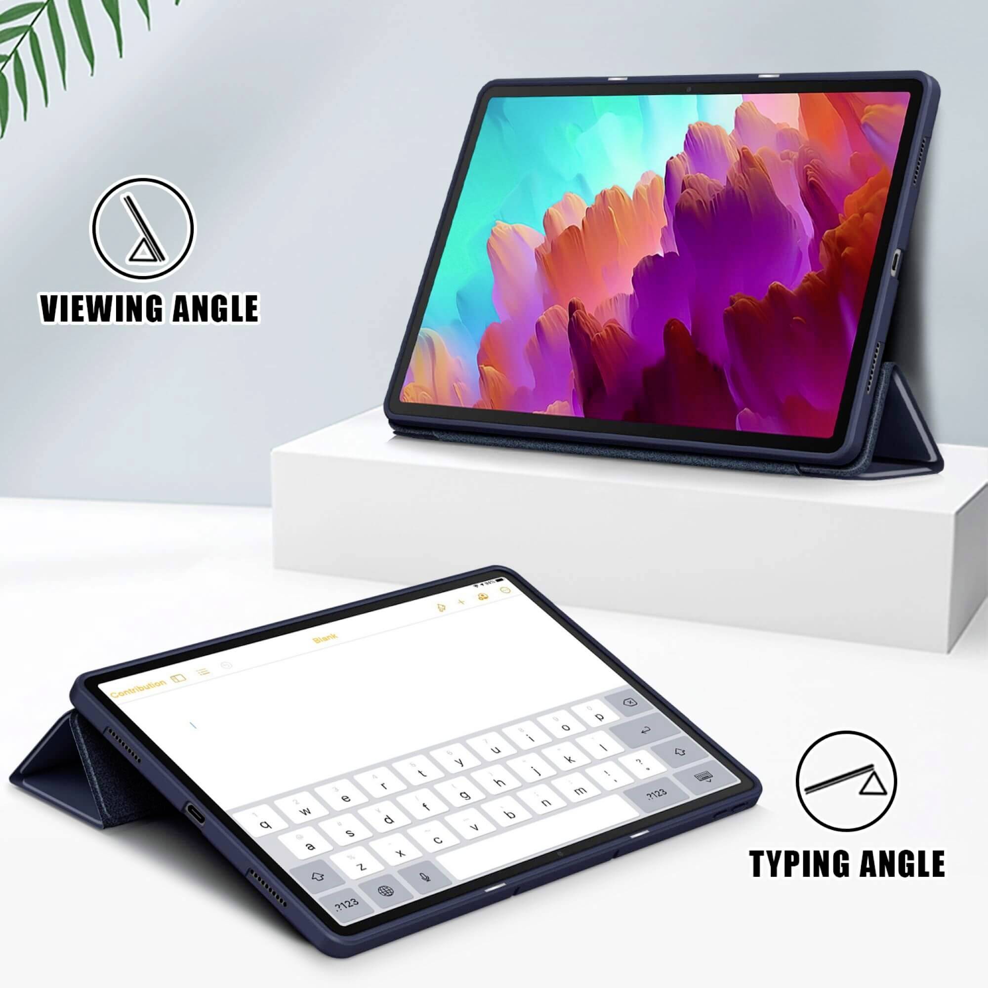 Tablette sur support, affichant un écran coloré. Deux positions : verticale pour regarder, à plat pour taper.