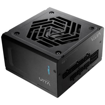 Un bloc d'alimentation noir pour ordinateur avec plusieurs connecteurs et une grille de ventilation sur le dessus. Des étiquettes et un logo sont visibles sur le côté gauche.