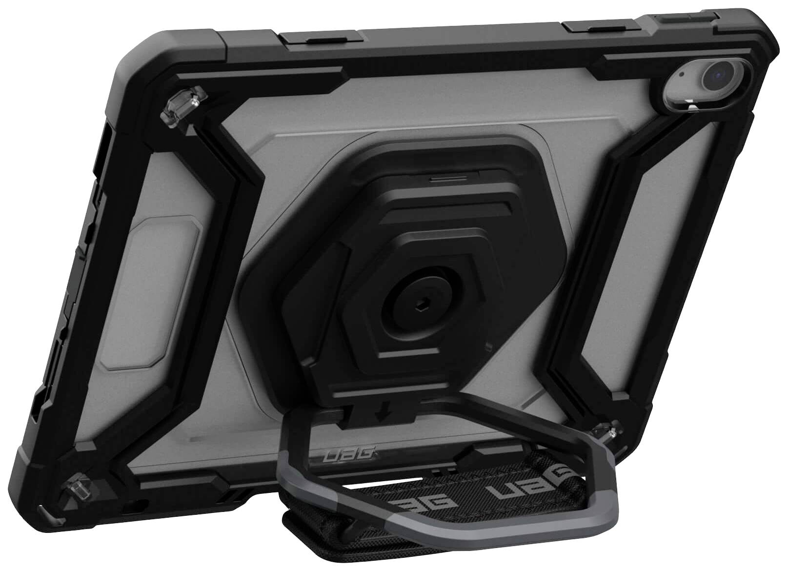 Appareil électronique enveloppé de noir et de gris, probablement une tablette, posé sur un support dépliant. Boîtier robuste visible.