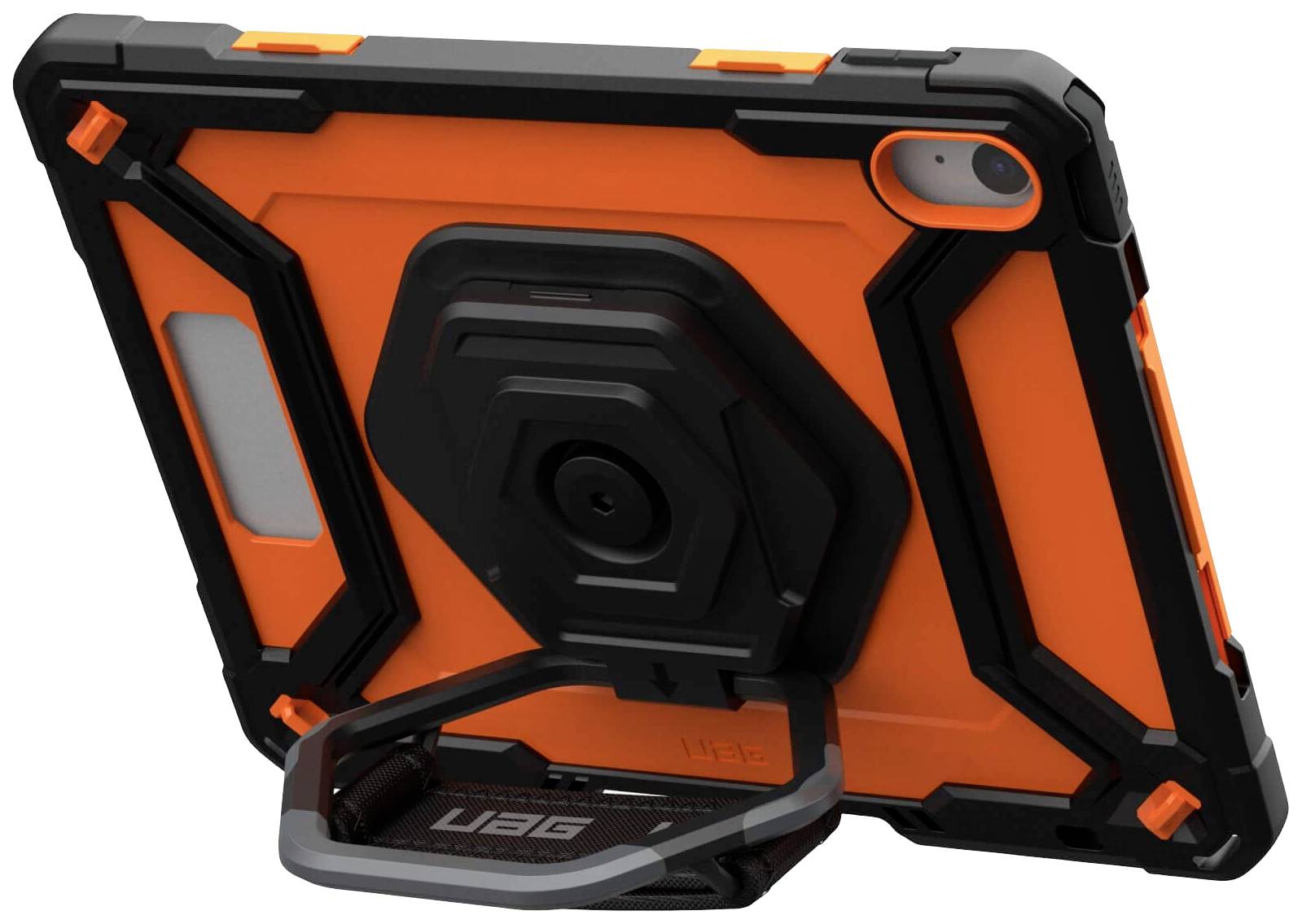 Une tablette orange et noire dans un étui de protection robuste avec support, vue latérale, adaptée aux utilisations en extérieur.