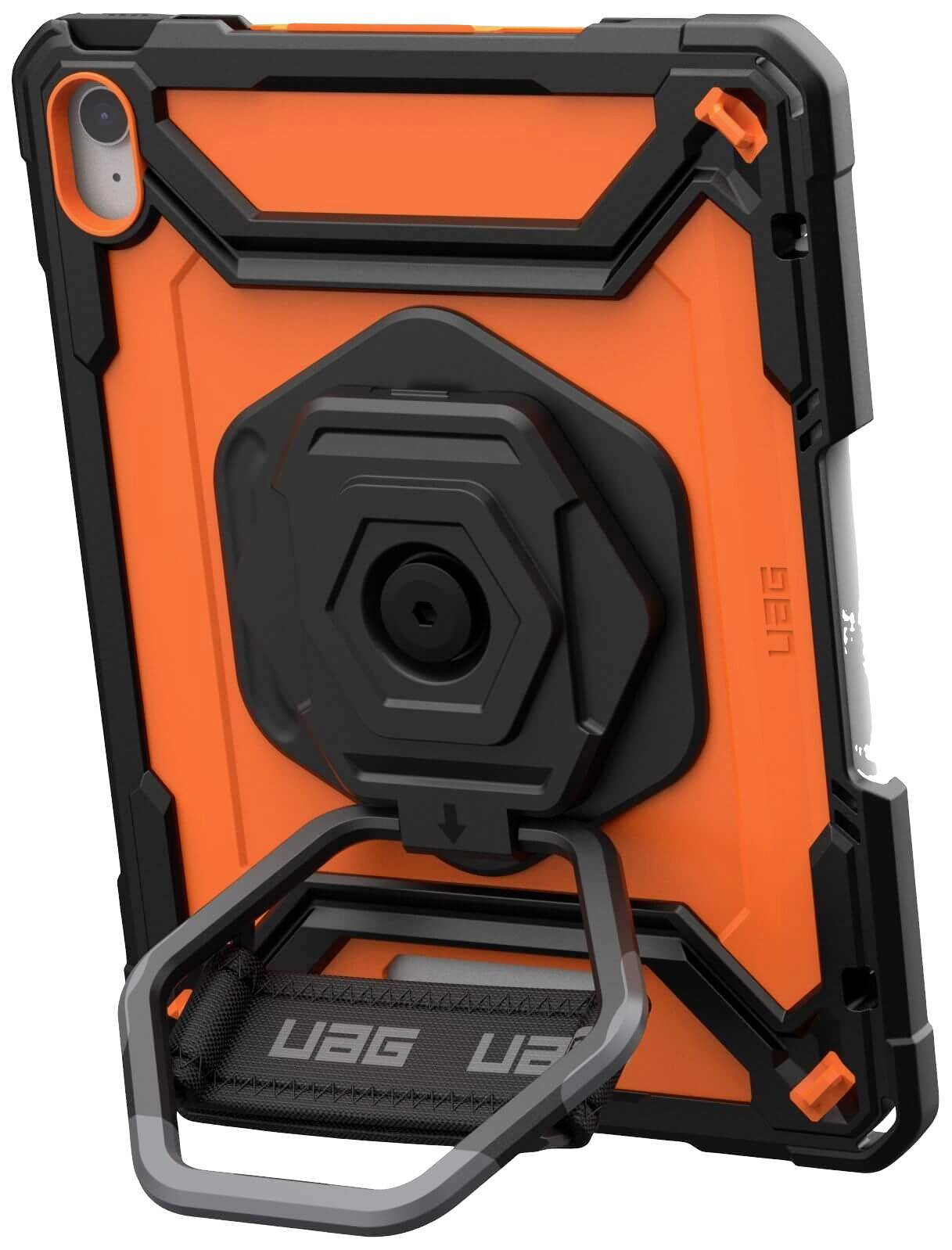 Tablette dans un étui robuste orange avec support pivotant intégré pour une utilisation mains libres.