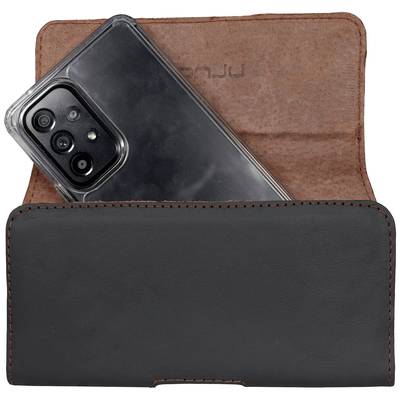Smartphone dans un étui en cuir, partiellement sorti, montrant ses objectifs d'appareil photo. L'étui est noir-brun avec une finition lisse.