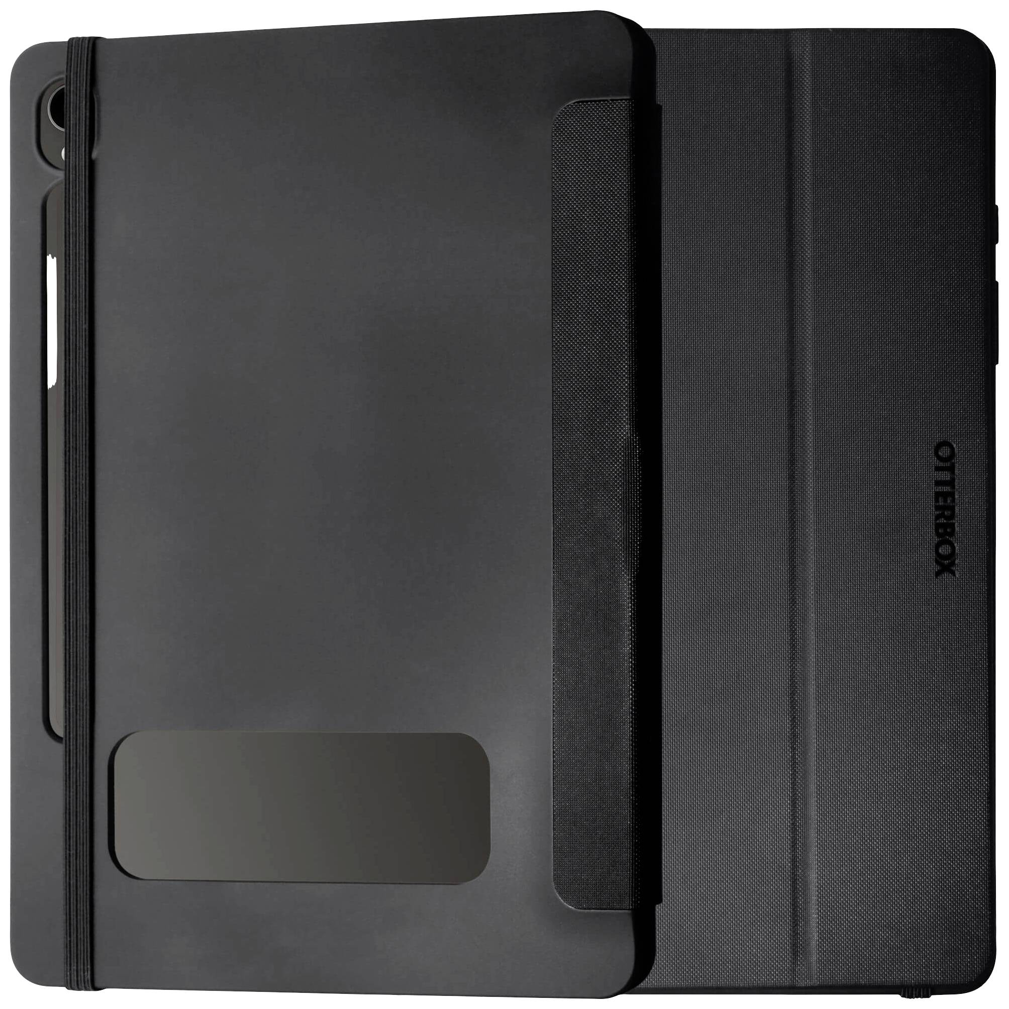 Étui noir pour tablette avec bande élastique et porte-stylo, offrant protection et stabilité pour différentes tablettes.