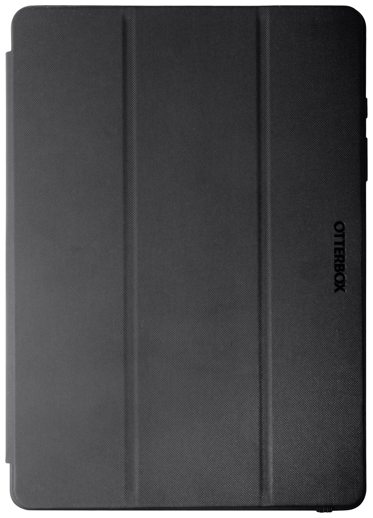 Une coque de protection noire et robuste pour tablettes de la marque 'Otterbox', fermée et vue de dessus.