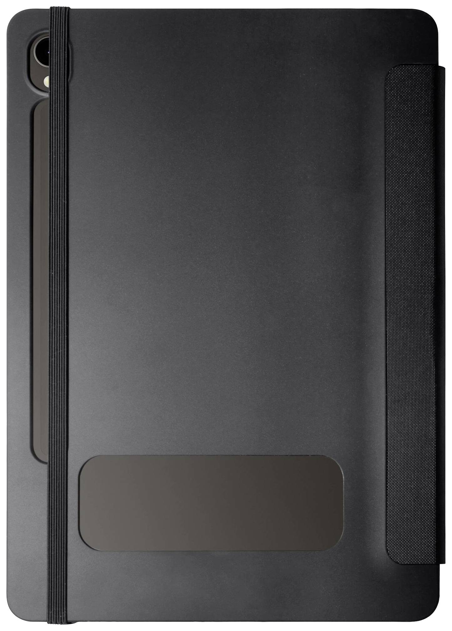 Carnet noir avec une bande élastique de fermeture et un champ rectangulaire en bas à droite.