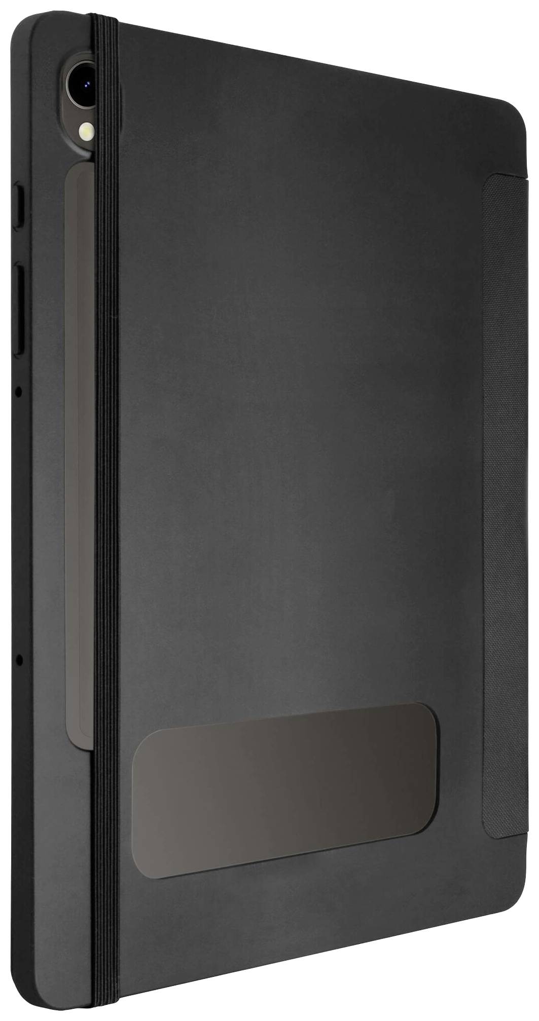Tablette noire dans un étui élégant, montrant l'arrière avec l'emplacement de la caméra et une fermeture élastique. Design moderne et minimaliste.