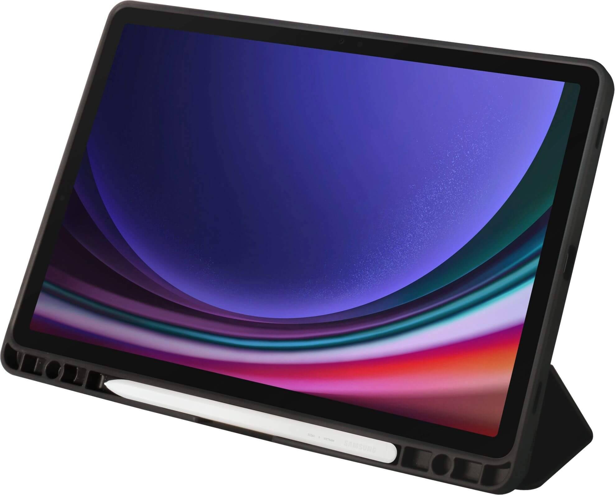 Une tablette avec un support incliné et un stylet reposant en dessous. L'écran affiche un design abstrait bleu-violet.