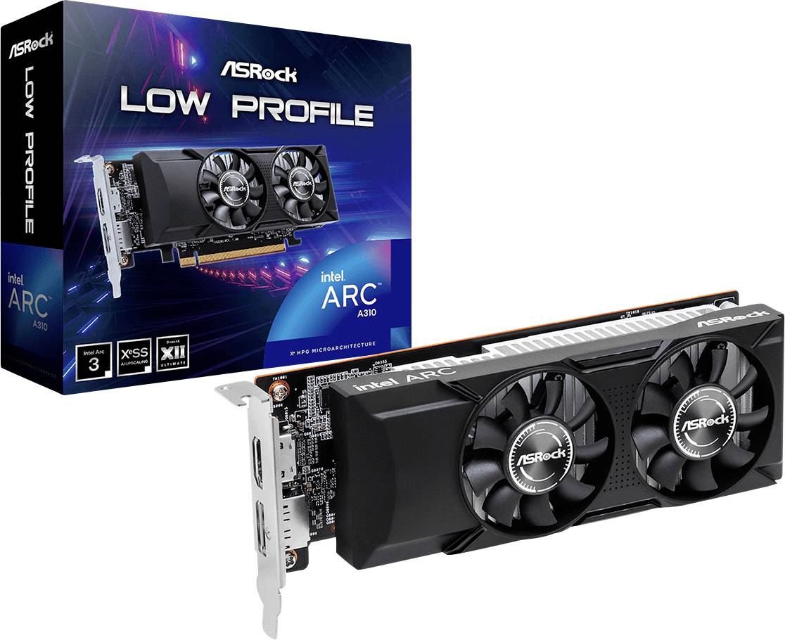 Carte graphique ASRock Intel Arc A310 profil bas présentée avec sa boîte de vente au détail et refroidisseur double ventilateur, design compact pour petits ordinateurs.