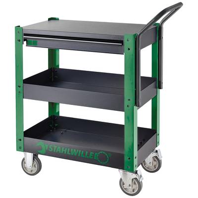 Chariot d'atelier à trois niveaux avec tiroir, châssis en acier vert. Adapté pour les outils. Quatre roues pour une mobilité facile.