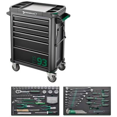 Chariot à outils noir à cinq tiroirs, avec un logo vert et des outils à main tels que des tournevis, des pinces et des clés à molette dessous.