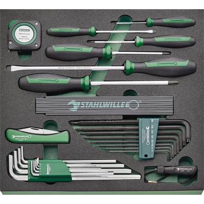 Un ensemble d'outils composé de tournevis, de clés hexagonales, d'un mètre ruban et d'un cutter, soigneusement rangé dans un support en mousse.