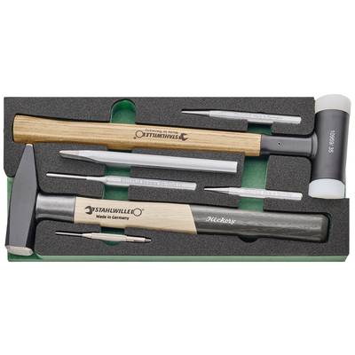 'Coffret d'outillage de mécanique de précision Stahlwille : Marteau avec manche en bois, tête de frappe en plastique, et divers goujons métalliques. Fabriqué en Allemagne.'