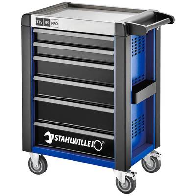 Un chariot à outils à cinq tiroirs sur roulettes, marque 'Stahlwille'. Design noir et bleu avec surface grise.