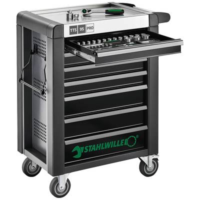Chariot à outils noir à sept tiroirs, un tiroir est ouvert avec un jeu de clés à cliquet. Logo de la marque en vert sur le côté.
