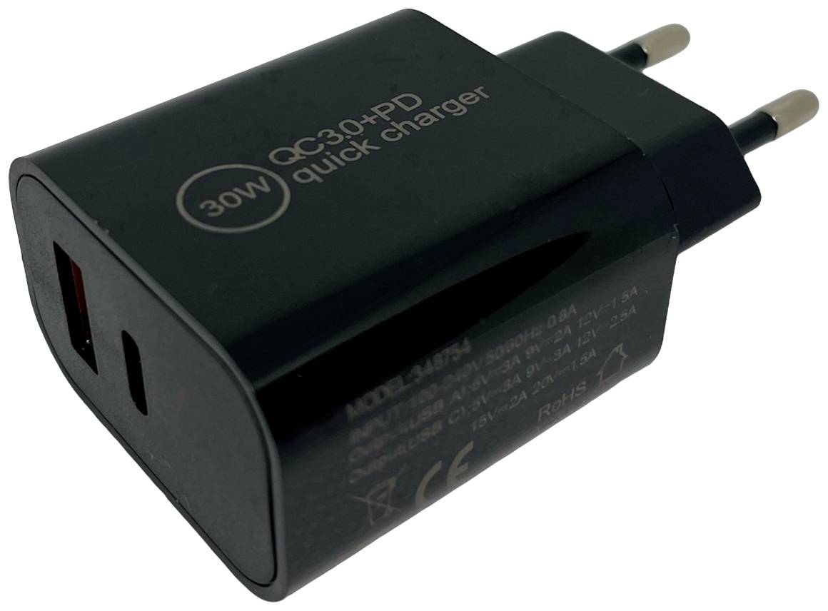 Chargeur USB noir de 30 W avec deux ports pour une charge rapide des appareils. Le numéro de modèle et les caractéristiques techniques sont illustrés.