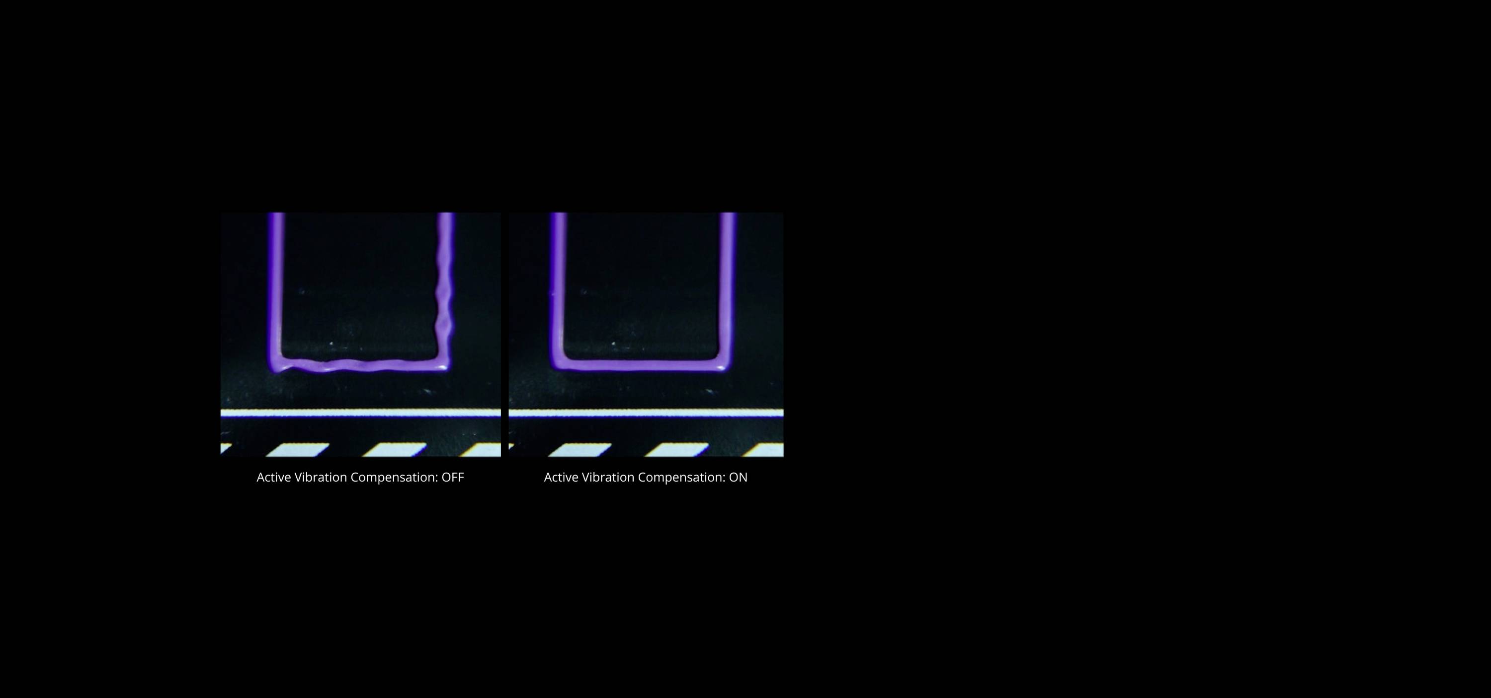 Étude de la compensation des vibrations : Deux images montrent des lignes, à gauche sans et à droite avec compensation active pour une trajectoire plus nette.