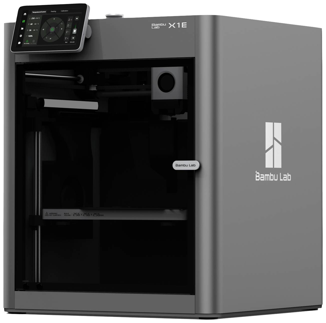 Un imprimante 3D grise avec un écran intégré. Le logo 'Bambu Lab' est visible. L'appareil est conçu de manière moderne et se tient verticalement.