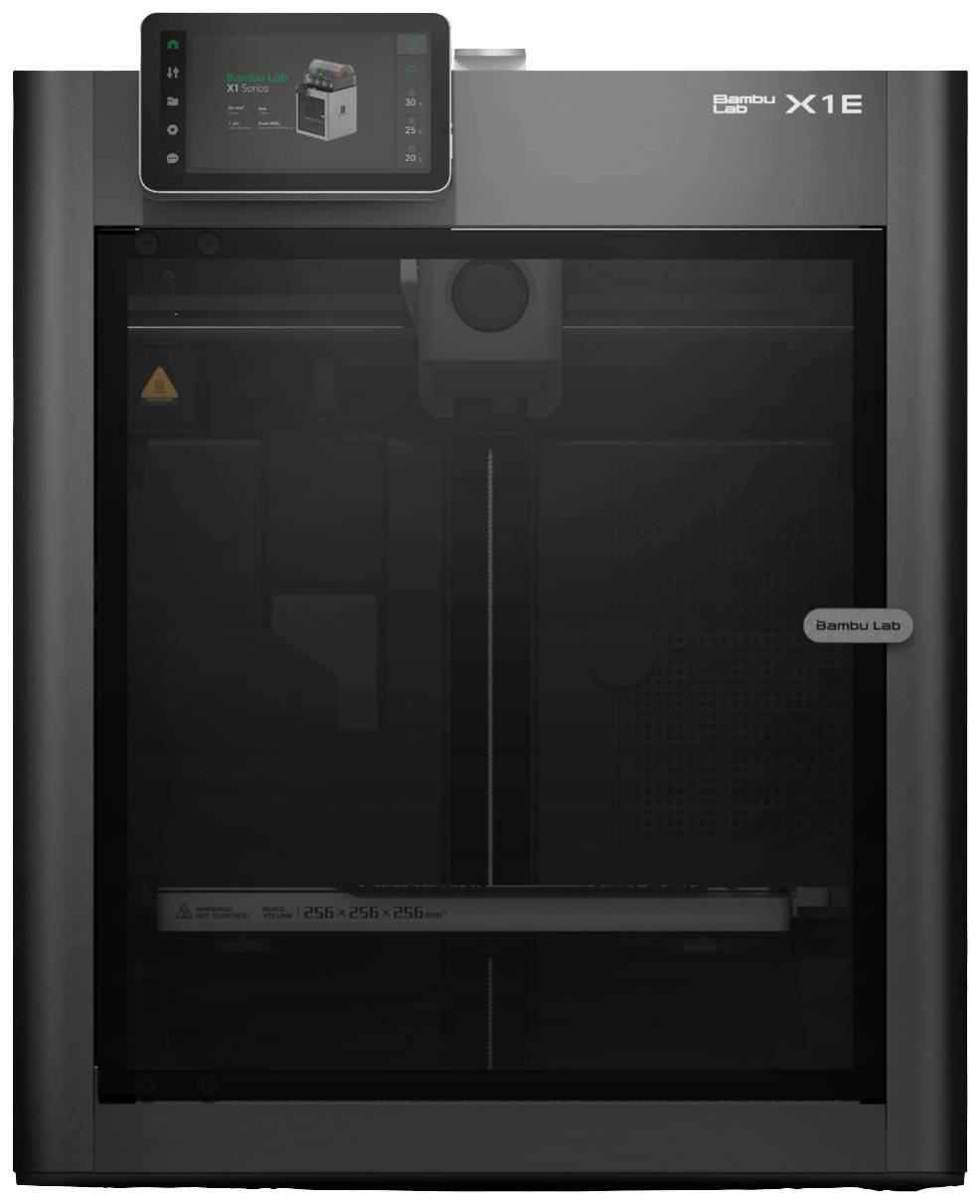 Imprimante 3D avec boîtier noir et écran digital. Le nom de marque 'Bambu Lab X1E' visible en haut à droite.