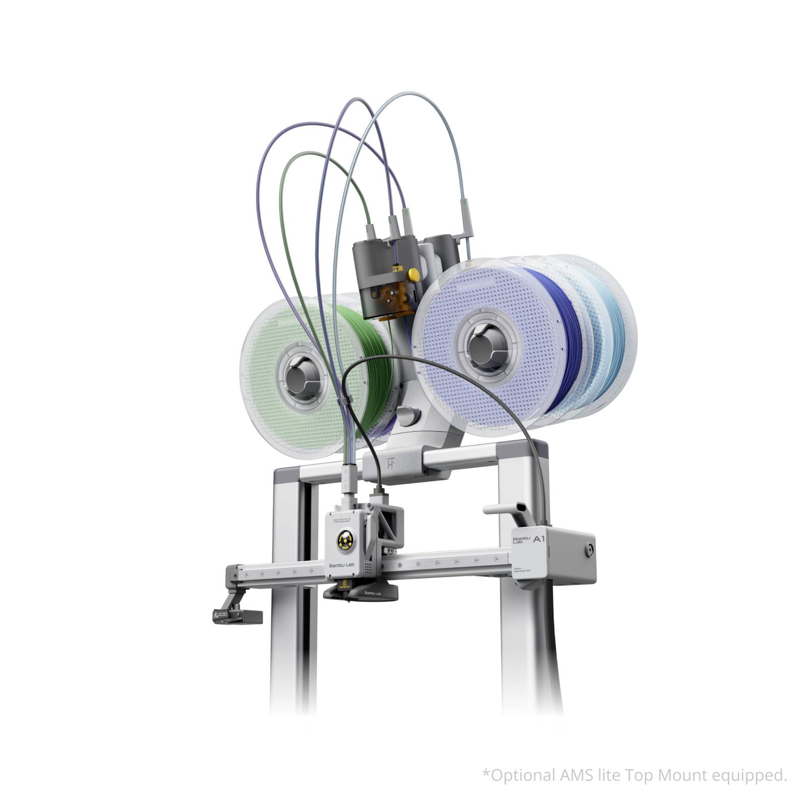Machine avec trois grands rouleaux colorés et des câbles sur un châssis métallique ; utilisée pour le traitement de matériaux.