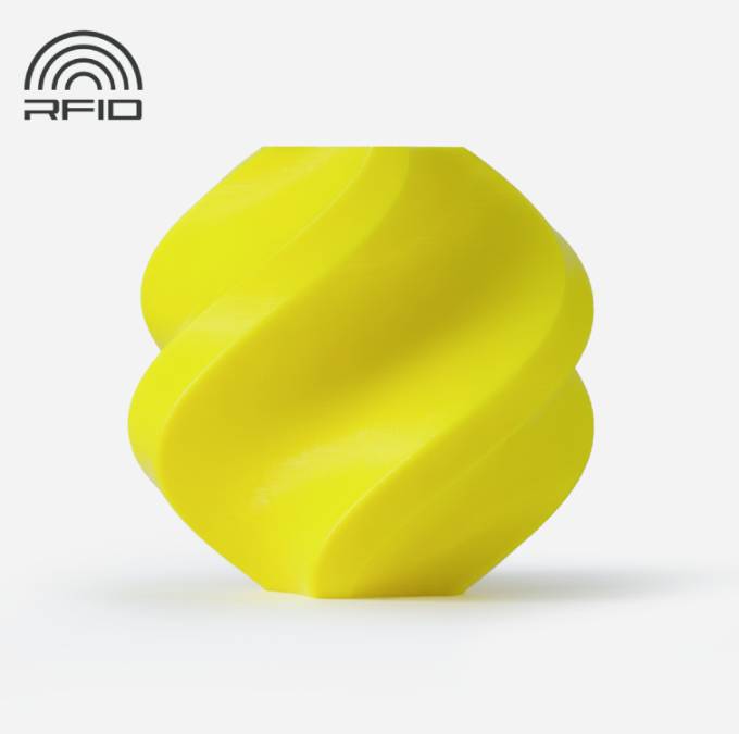 Ballon jaune, en spirale, sur fond blanc avec le logo 'RFID' en haut à gauche.