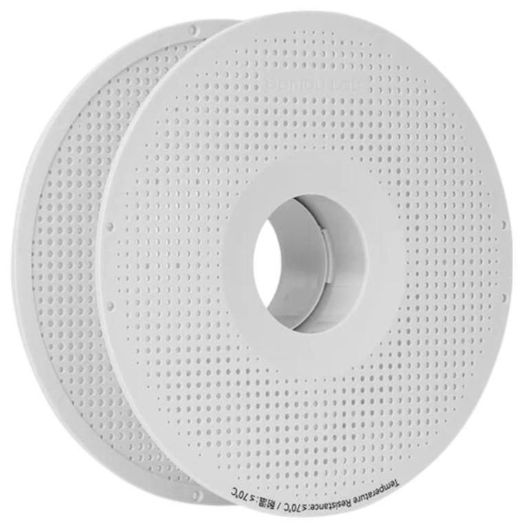 Une bobine de filament pour imprimante 3D avec une surface texturée et un trou central pour le montage, conçue pour être utilisée dans des dispositifs d'impression 3D.