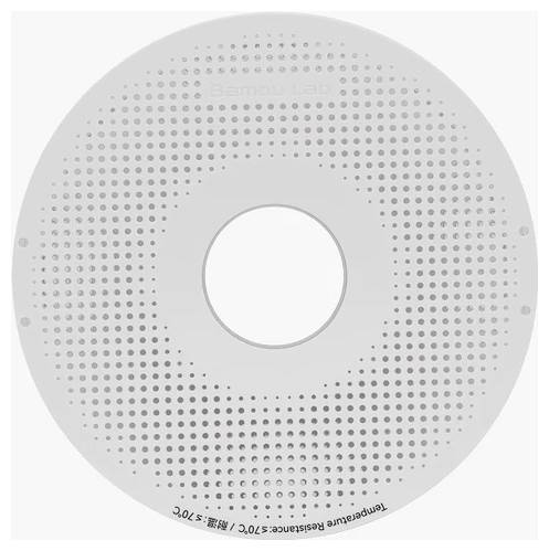 Un disque Bemou Lab rond et perforé, avec un trou central, étiqueté « Résistance à la température : -70°C - +370°C », probablement un bouclier thermique ou un filtre.