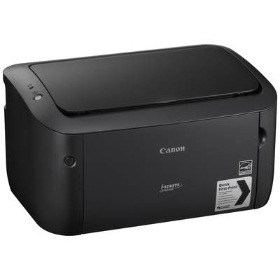 Un imprimante laser noir Canon, modèle 'i-SENSYS LBP6030B', vue de face. Adapté pour une impression rapide.