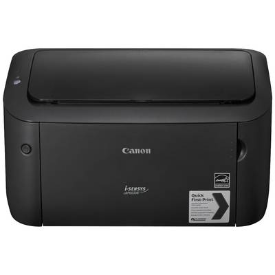 Imprimante Canon i-SENSYS noir, numéro de modèle LBP6030B, avec fonction 'Quick First-Print'. L'appareil est représenté de face.