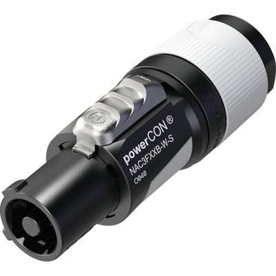 Fiche secteur 'powerCON', modèle NAC3FXXB-W-S. Connecteur cylindrique noir et blanc avec mécanisme de verrouillage.