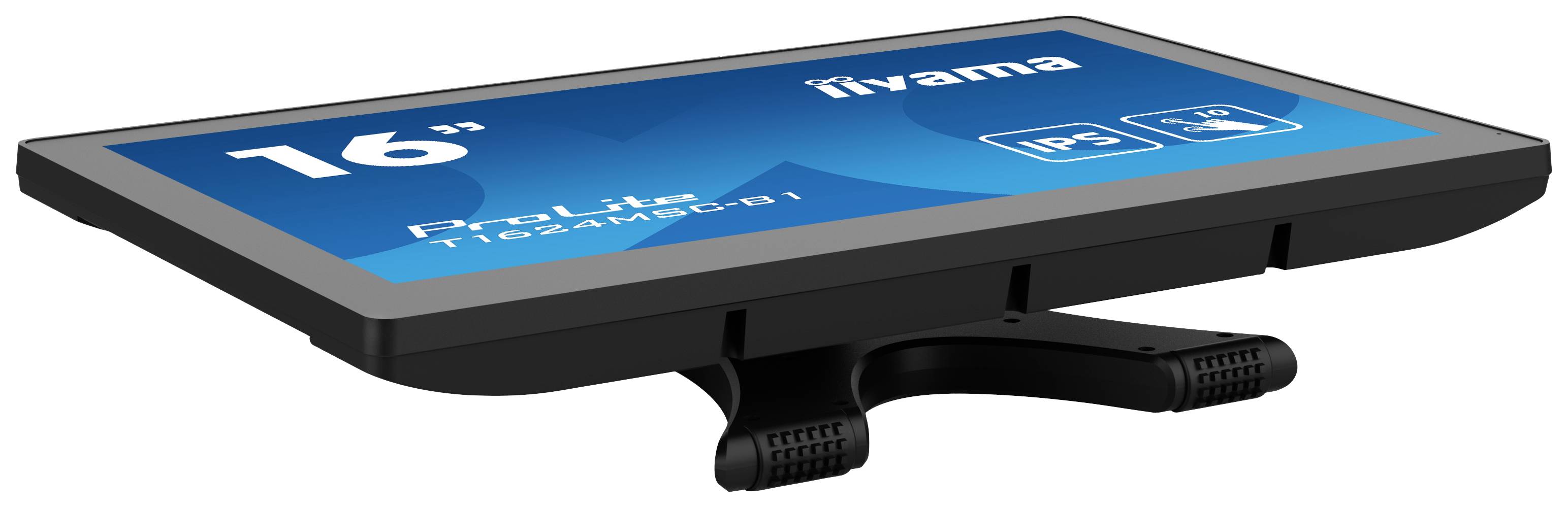 L'iiyama ProLite T1531SR-B1, un écran tactile de 15 pouces avec technologie IPS, est posé en biais sur deux pieds sur une surface.