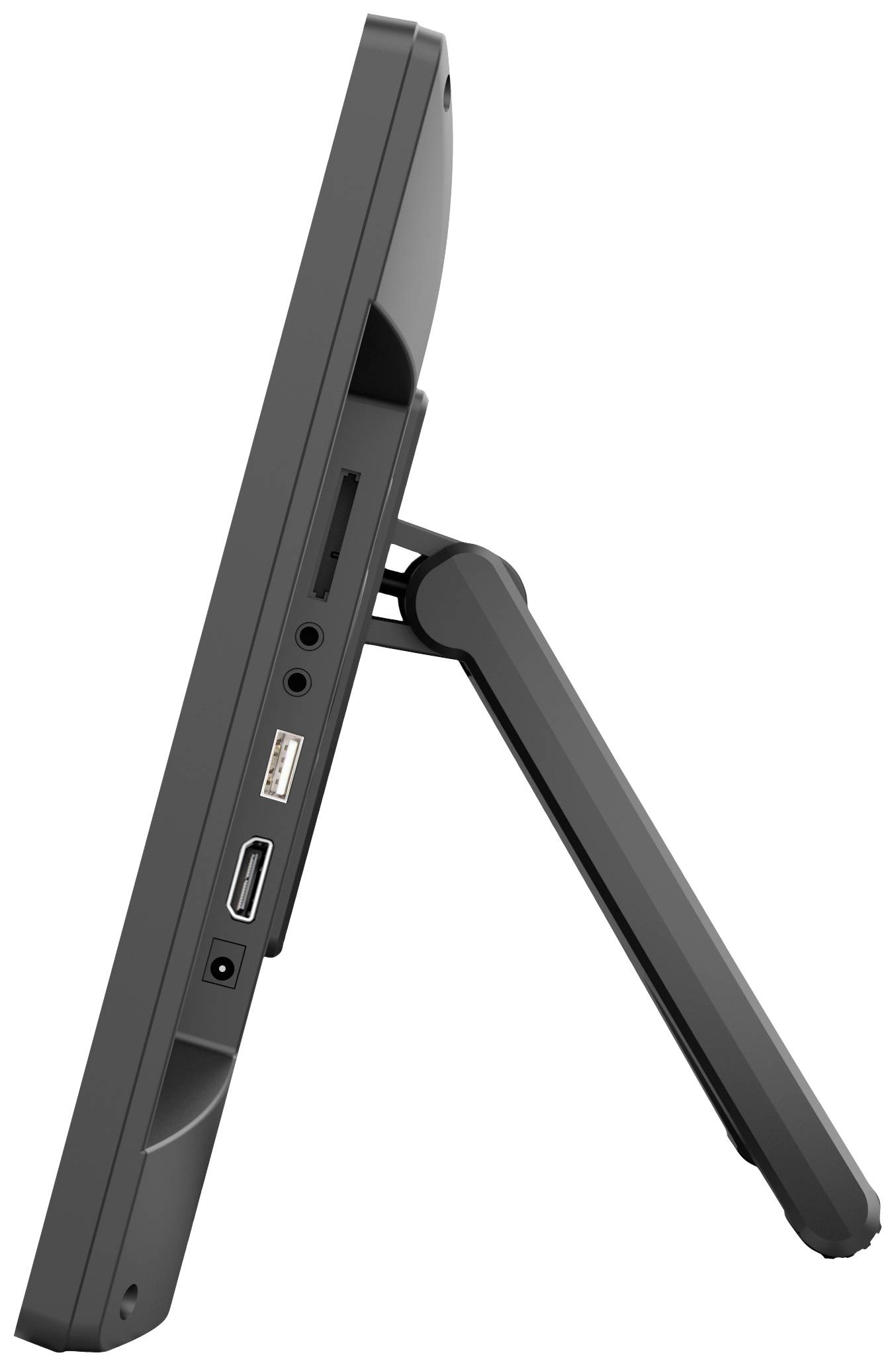 Un cadre photo numérique noir vu de côté, reposant sur un support extensible, montre ses connexions et ses commandes.